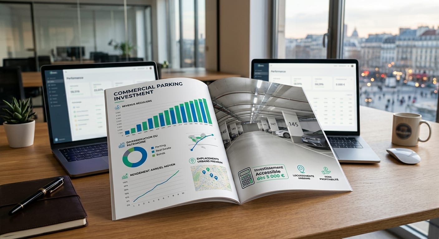 Aperçu du livret d'investissement parking commercial sur un bureau d'affaires avec graphiques de performance patrimoniale